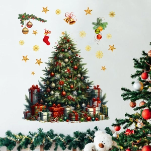 Detailed Christmas tree wall decal with colorful gift boxes on a clean white wall surface