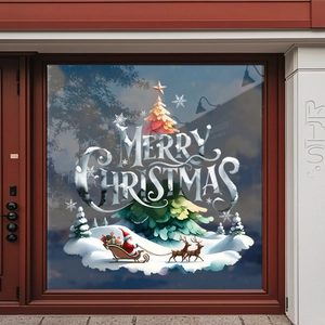Christmas window decals with Santa sleigh, colorful trees and Merry Christmas text decor