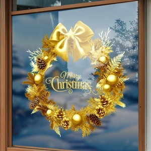 Adesivo per vetrine ghirlanda natalizia dorata con scritta Merry Christmas e fiocco