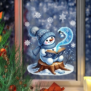 Detail of Christmas snowman window sticker with magic book and white snowflakes on glass