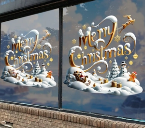 Close-up of 3D Merry Christmas window stickers with gold lettering and festive snowmen