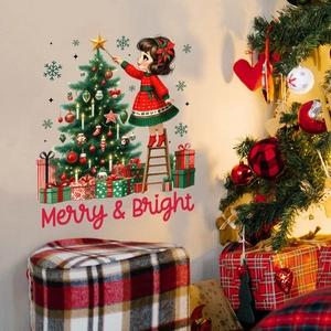 Sticker mural sapin de Noël avec petite fille et texte Merry Bright festif