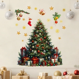 Detailed Christmas tree wall stickers with gifts and golden bells for home decoration