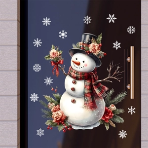 Christmas snowman door stickers with red scarf and snowflake decals for home decor