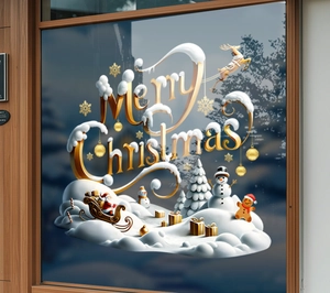3D Merry Christmas window sticker with Santa, reindeer and golden gift boxes on glass