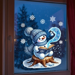 Detail showing a snowman reading a book window cling with magic glow and white snowflakes