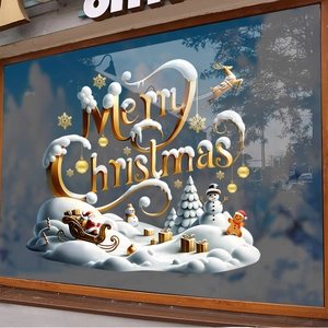 Detail of 3D Merry Christmas window stickers with Santa, snowman and festive gold patterns