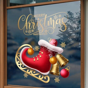 Christmas static window stickers with red stockings, golden bells and snowflakes for glass decor