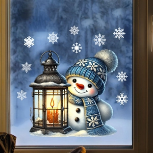 Detailed view of snowman window static cling with a lantern and white snowflakes