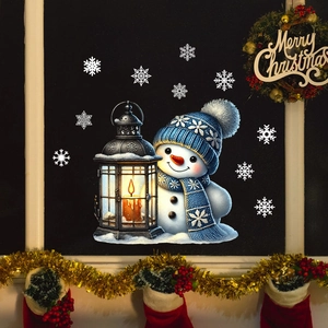 Detail of Christmas snowman sticker with a vintage lantern and white snowflakes