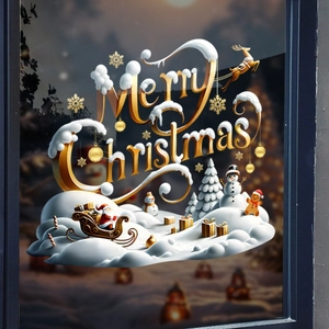 3D Merry Christmas Window Stickers PVC Static Cling Decals For Glass Door Shop Decor Santa Snowman Gold Festive Wall Stickers