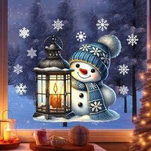 Christmas window sticker featuring a cute snowman with an oil lamp and white snowflakes