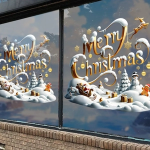 3D Merry Christmas window static sticker with Santa, reindeer and snowman scene decoration