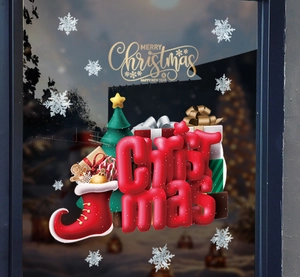 Detail of 3D Merry Christmas window stickers with red boots and snowflakes decals