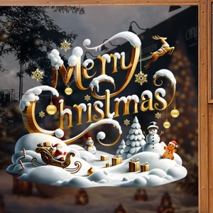 3D Merry Christmas window static stickers featuring Santa Claus and golden festive patterns