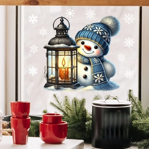 Christmas snowman window cling with cozy blue hat and lantern for holiday home decoration