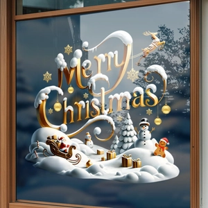3D Merry Christmas static window clings with gold snowman, reindeer and sled patterns