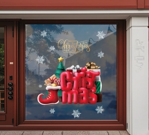 Detail of Merry Christmas window clings with 3D red letters and snowflake decals
