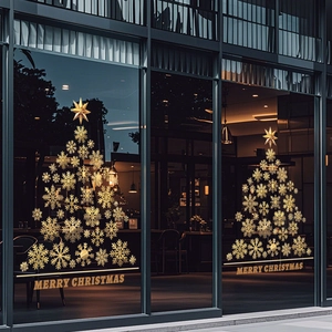 Golden Christmas snowflake static tree window decals with Merry Christmas text for glass