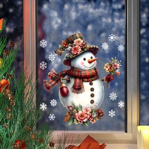 Christmas snowman window static sticker with floral hat and snowflakes on glass decor