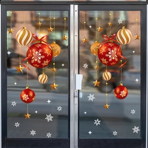 Christmas Window Clings Static Stickers Gold Red Xmas Balls Snowflakes Pattern For Glass Doors Showcase Festive Decoration