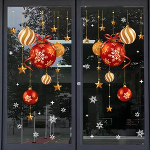 Christmas window static stickers with red snowflake balls and gold stars for glass doors