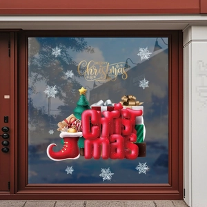 3D Christmas window static stickers with red letters, Xmas tree, boot and white snowflakes