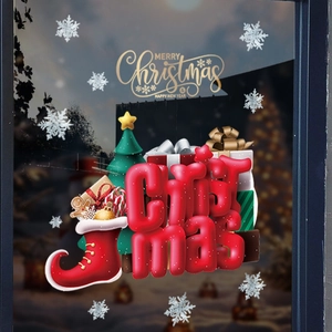 3D Christmas window static stickers featuring red letters, festive socks, and white snowflakes