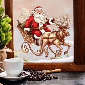 Christmas window sticker featuring Santa Claus on a reindeer sleigh for home decoration