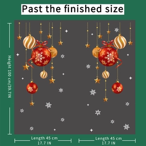 Christmas window decals with red and gold balls and white snowflakes for holiday glass decor