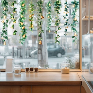 Christmas window static stickers with green vines and golden bells for glass decoration