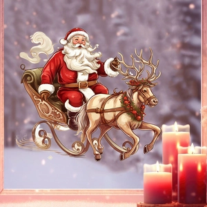 Christmas window sticker featuring Santa Claus on a reindeer sleigh with festive snow background