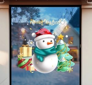 Christmas window decals set featuring snowman, festive tree and Merry Christmas text