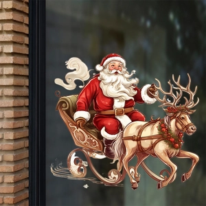 Detail of Santa Claus on a sleigh with reindeer Christmas glass static window sticker