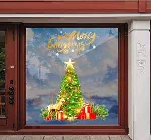 Adesivi natalizi per vetrine con renna dorata, albero e scritta Merry Christmas