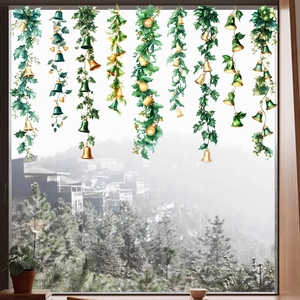 Christmas window decals featuring colorful hanging bells and holly leaves decorations