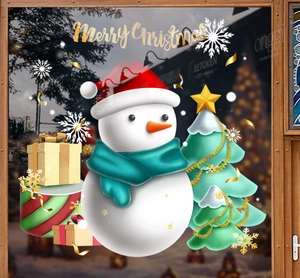 Detail of Christmas window stickers with snowman, tree, and gift box on glass pane