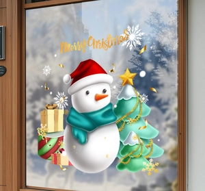 Detailed Christmas window decals showing snowman, Xmas tree and gift boxes on glass