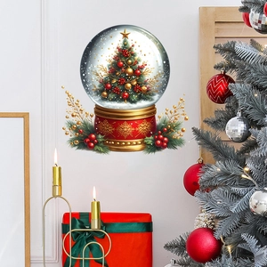 Christmas tree snow globe wall sticker with red berries and pine needles decor