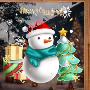 Christmas snowman and tree window clings with festive golden Merry Christmas lettering