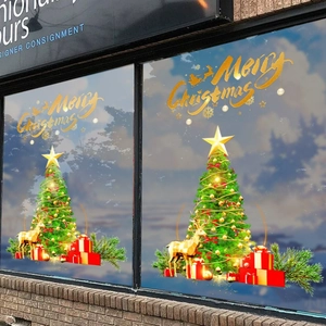 Adesivi natalizi per vetrine con scritte dorate, albero di Natale e cervi decorativi