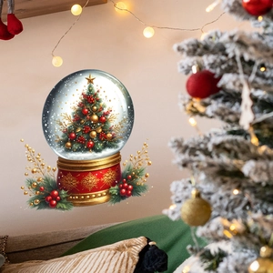 Detailed Christmas tree wall sticker inside a crystal snow globe with red berries