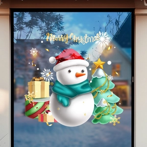 Christmas snowman and tree window stickers set with Merry Christmas gold lettering