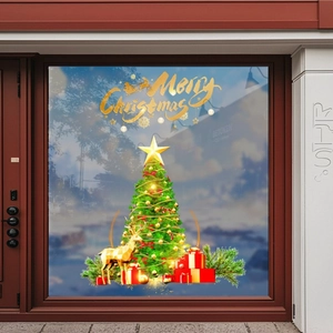 Adesivi natalizi per vetrine con albero, renna dorata e scritta Merry Christmas su vetro
