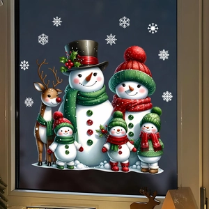 Christmas window stickers set featuring a snowman family, reindeer, and white snowflakes