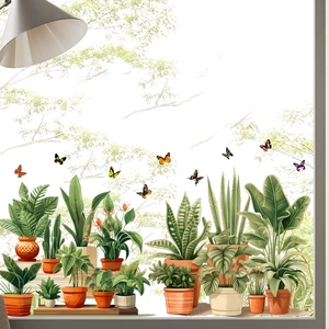 Green potted plants and butterflies static window clings for home glass decoration