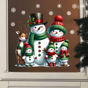 Detailed view of Christmas window decals featuring snowmen family, reindeer and white snowflakes