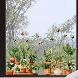 Realistic green potted plants and butterfly static stickers for glass windows and doors decoration