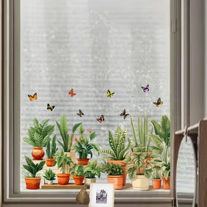 Static cling window decals with realistic green potted plants and colorful butterflies