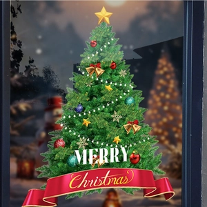 Green Christmas tree static window cling with Merry Christmas ribbon and festive ornaments